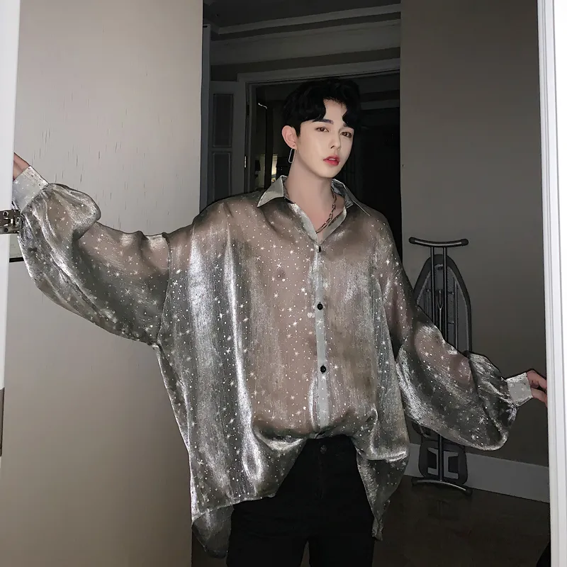 Maglie Estiva Trasparente Camicia Da Uomo Oversize Sexy Con Stelle Stampate Camicetta Di Grandi Dimensioni Uomini Magliette Trasparenti A Manica Lunga Vintage Da 22 48 DHgate