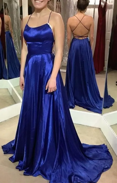 Scoop Neck Floor Length Royal Blue Prom Dresses with Tie String Back Long Evening Gowns Sexy