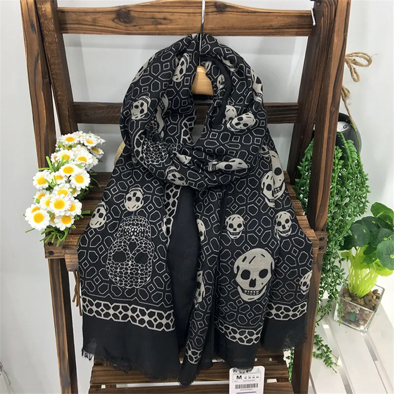 180x100cm New Design Diamond Skull Printed Scarf Fashion Punk Ladies Black Skull Shawls Wrap Rap