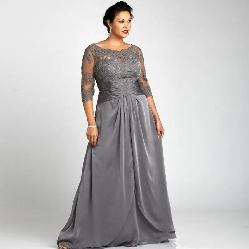 Plus Size Gray Plus Size Mob Dresses with 3 4 Sleeves Scoop Neck Lace Chiffon Women Formal Gowns