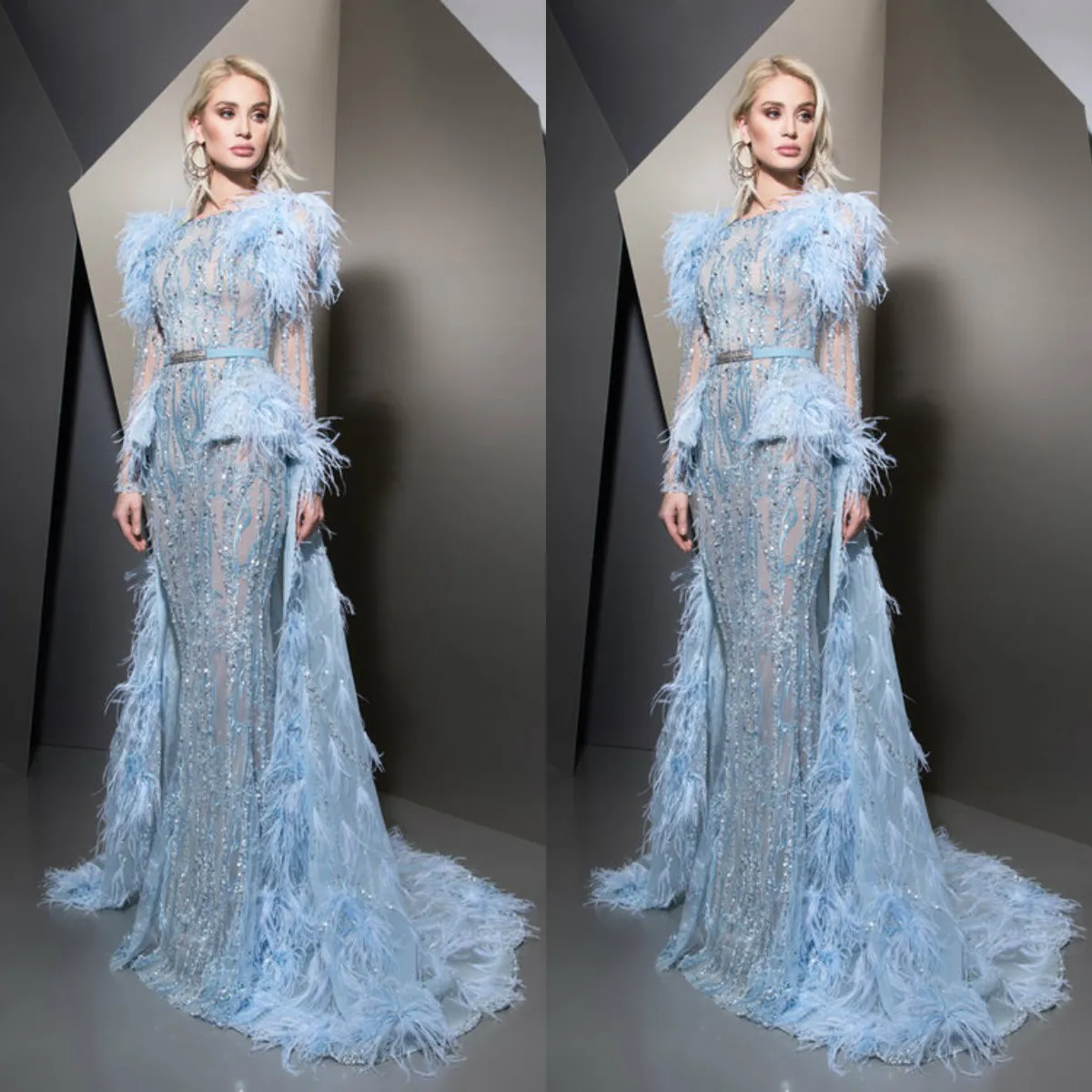 Ziad Nakad 2019 Feather Avondjurken Lange Mouwen Kant Applicaties Prom Gowns Jewel Afneembare Trein Beaded Pailletten Luxe feestjurken