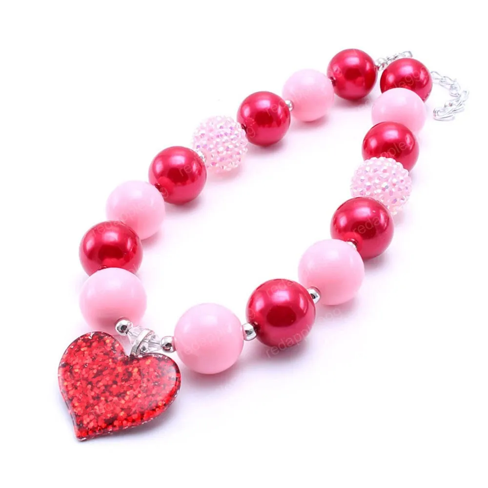 Rosa + Amor Red Chunky Coração Colar Bubblegum Bead Melhor Baby Gift Colar Chunky Menina de jóias para a criança Crianças