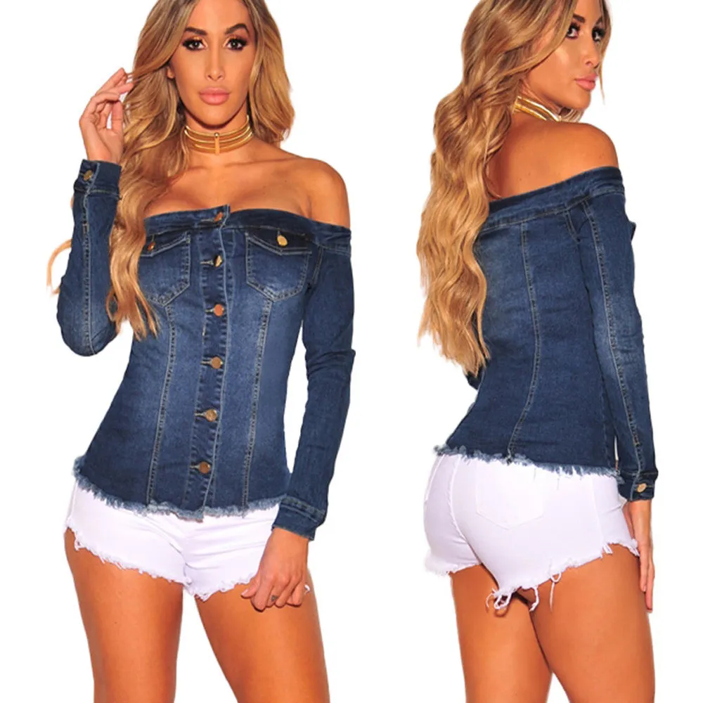 Moda Blusa Slash Neck Mulheres Manga Completa Blusa Denim Off Botão Ocasional Tops Blusas Blusa de Mujer Blusa