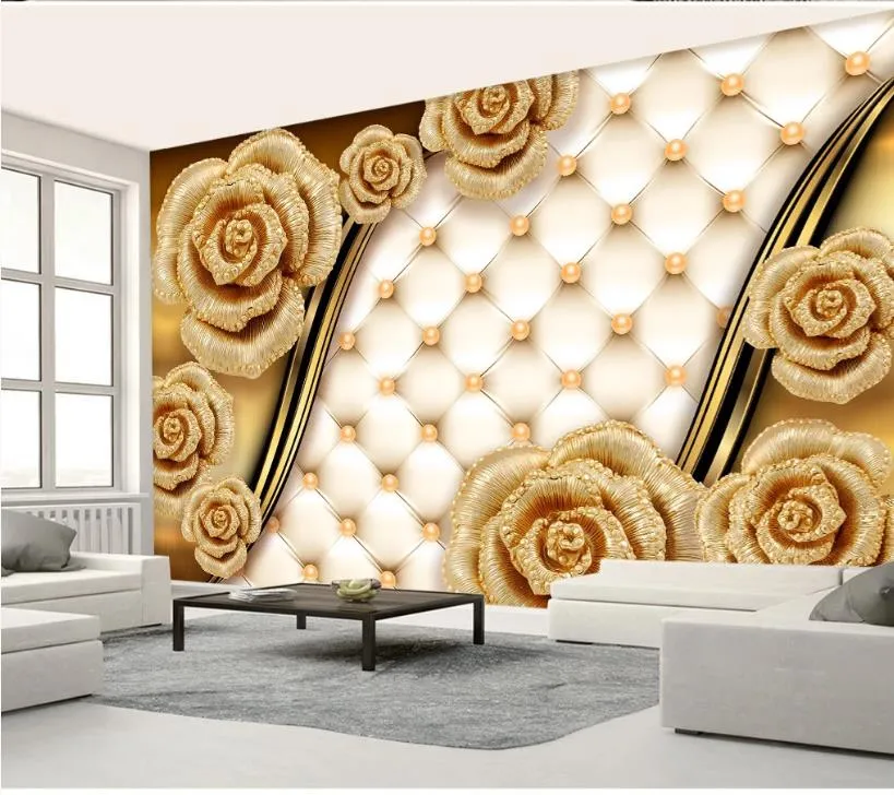 3D Luxury Golden Rose Flower Wallpapers Soft Package Jewelry TV Bakgrund Väggpapper