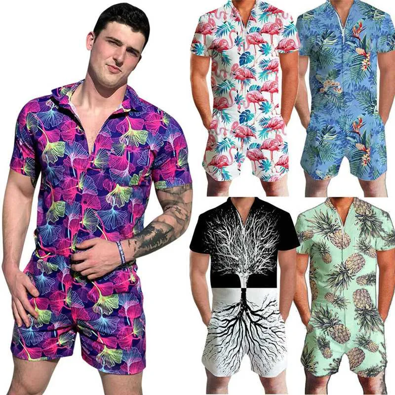 New Men Hawaii Print Zipper Romper Playsuits Short Sleeve V Neck Fit Slim Jumpsuit Men Male Casual Jumpsuit Overalls Plus Size