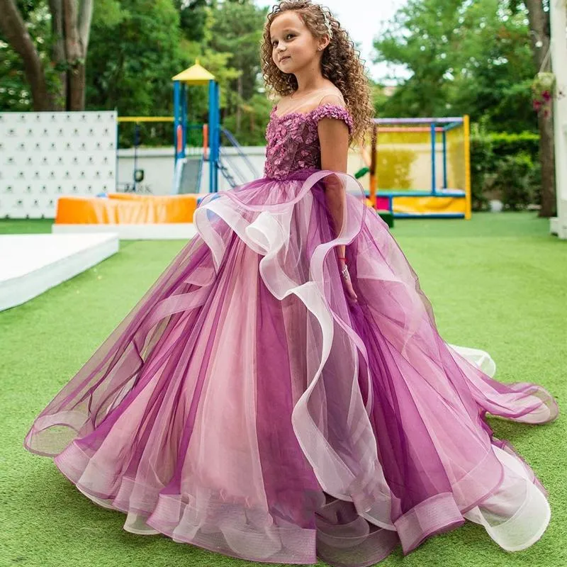 Vestido de fiesta de princesa, vestidos de flores para boda, apliques de encaje con cuentas, desfile de niñas, vestido de comunión Formal de manga corta