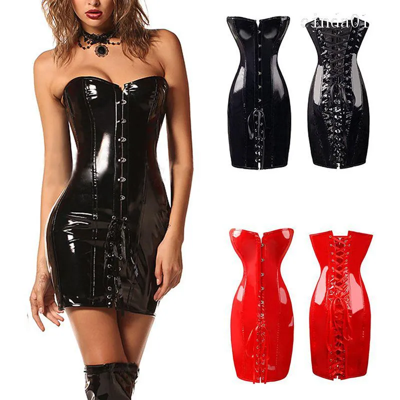 Frauen PU Leder Korsett Gothic Sexy Kleid Glänzendes PVC Leder Ohne Knochen Bustier Top Spitze Clubwear Mieder Schwarz/Rot