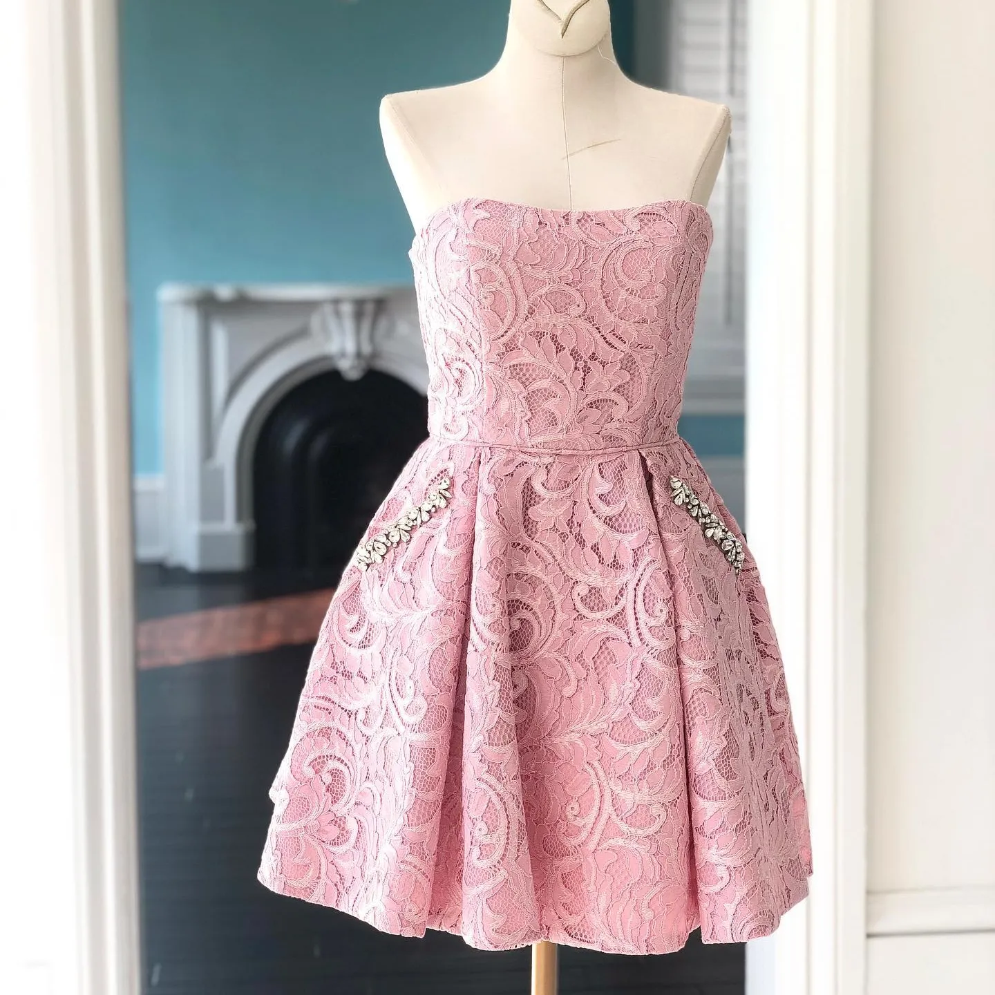 open lace back dress Elegant Strapless Satin Homecoming Dress with Beading Pockets OHM047 –  cathyprom