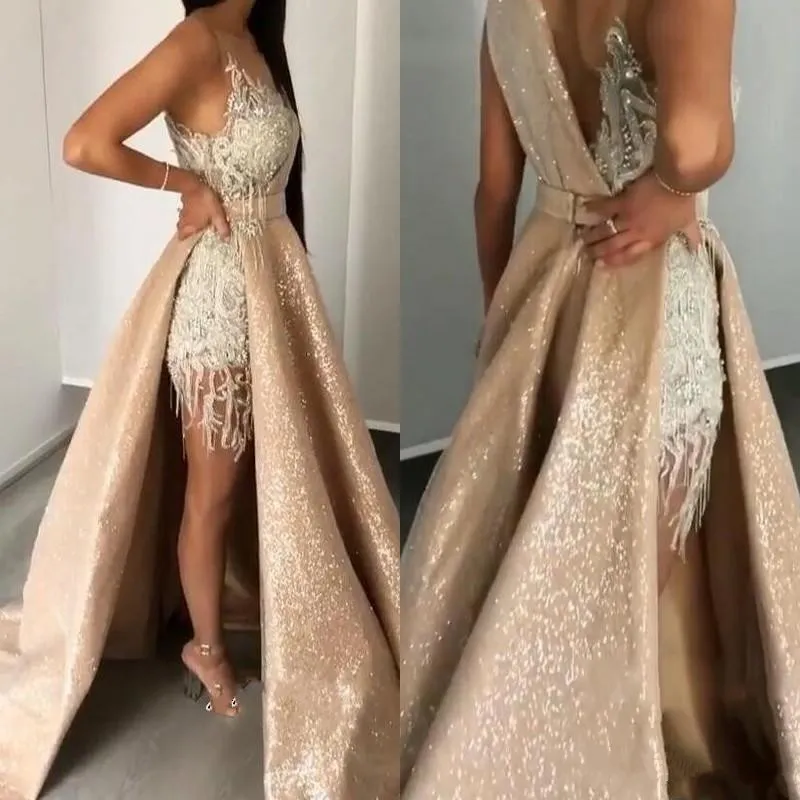 Shinning Sexy Prom Dresses With Detachable Skirt Lace Appliques Beads Crystals Celebrity Party Cocktail Dress Sheer Neck Evening Gowns