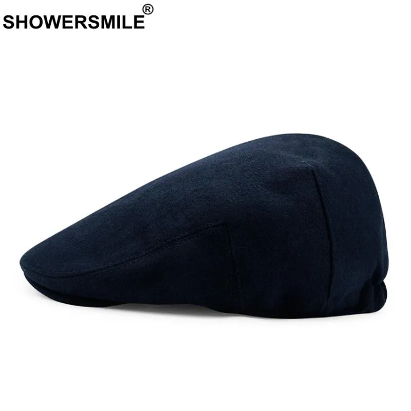 Showersmile للجنسين الأزرق الأزرق قبعة قبعة الصوف القبعات القبعات الرجال الشتاء سميكة الدافئة قبعات جاهزة الذكور خمر كلاسيكي منقار البط اللبلاب