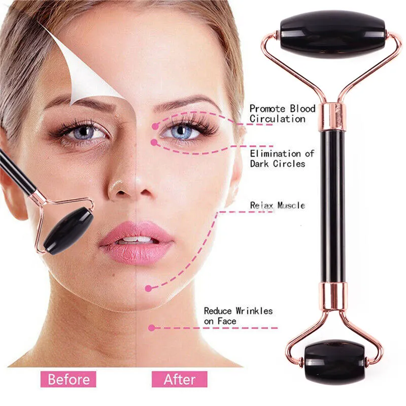 Naturlig svart Obsidian Jade Roller Crystal Massage Stone Anti Cellulite Wrinkle Facial Roller Cool Beauty Tool för hudvård