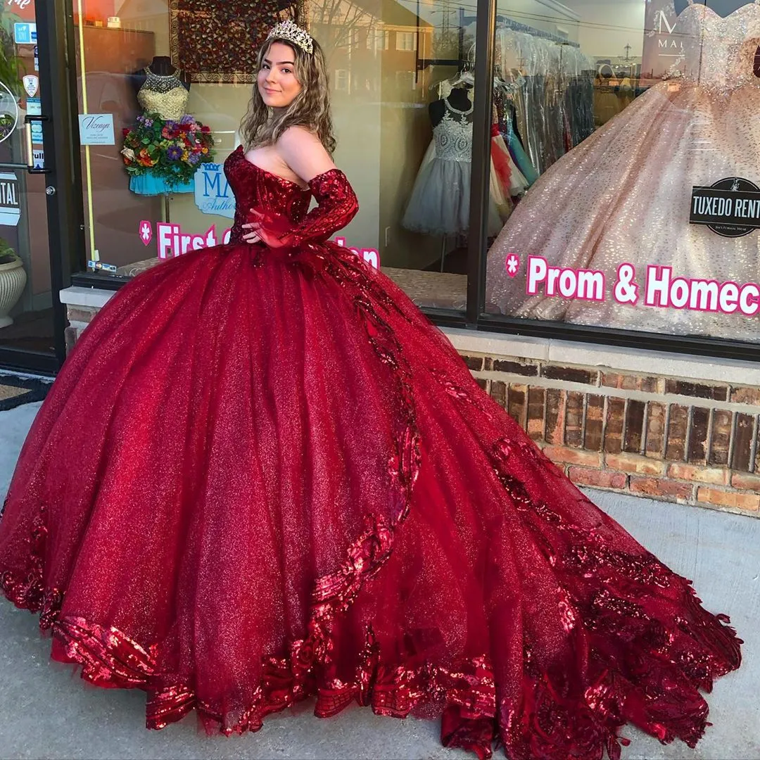 Burgundy Sparkly Lace Sexy Quinceanera выпускные платья с длинными рукавами Милая Бальное платье Вечерняя вечеринка Sweet 16 платье ZJ104