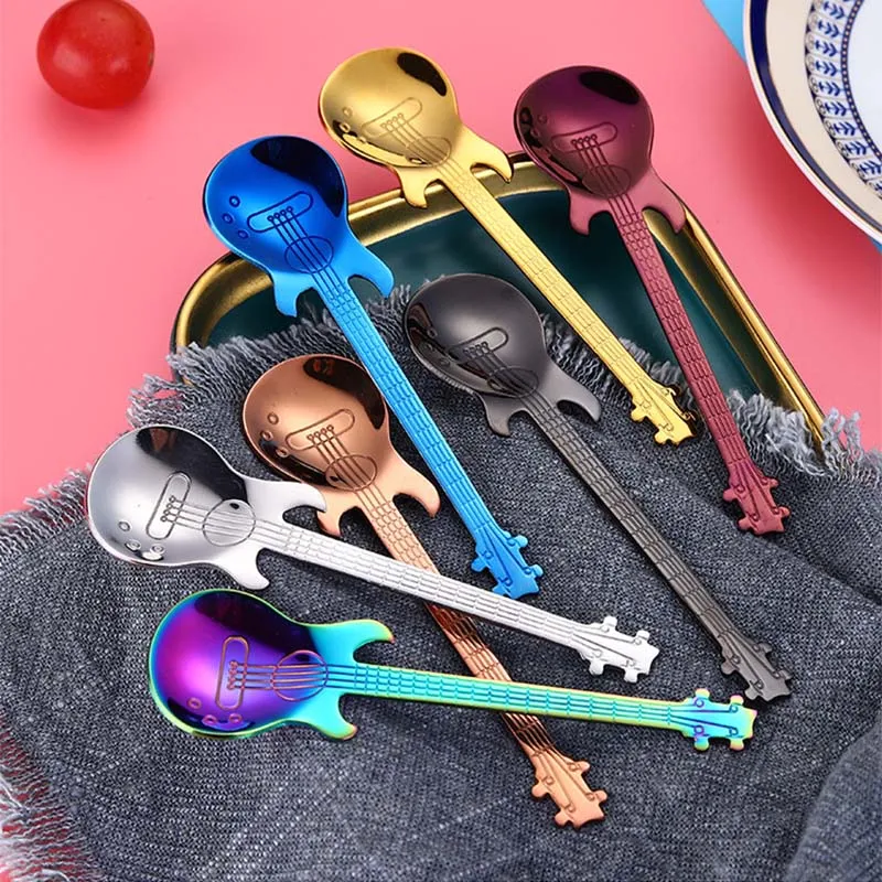 Stainless Steel Creative Guitar Bass Shaped Spoon Coffee Tea Stirring Spoon  Teaspoon Bar Dessert Gift Spoons Flatware Drinking Tools From Home_goods,  $1.65