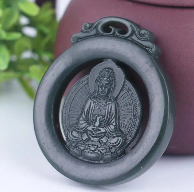 Üreticiler toptan doğal Sincan Hetian yeşim içi boş Guanyin zen kolye safir kolye oturan Guanyin yeşim kolye