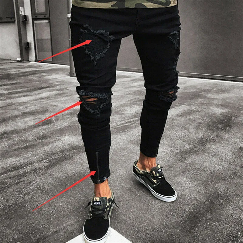 Modne rozryte męskie dżinsy zniszczone strzępione Slim Fit Denim Spodnie Spodnie plus rozmiar S M L XL 2XL2842