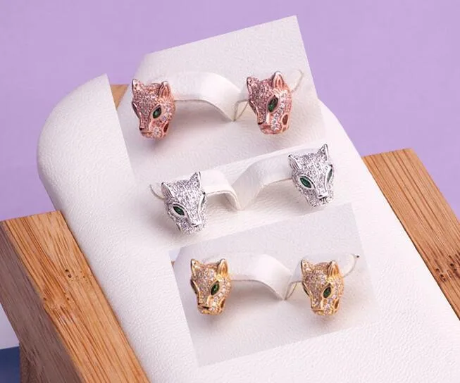 Hot Sale Fashion Lady Brass 18K Gold Full Diamond Green Eyes Leopard Head Engagement Wedding 925 Silver Needle Stud Earrings 3 Color