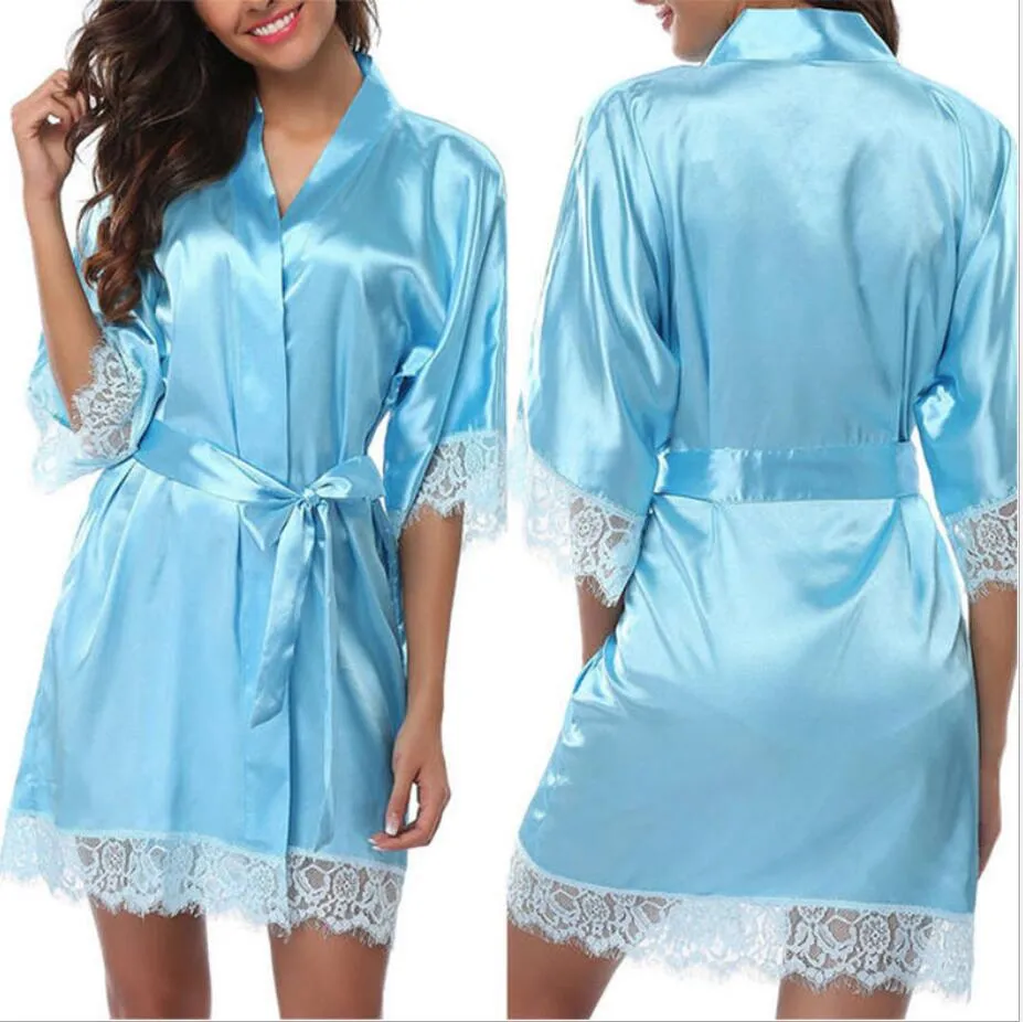 Black one Women Silk Robes transparency plain Color Sleepwear Silk Robe Bath Gown Sleepwear Nightwear Bath Sleep Robes Dress