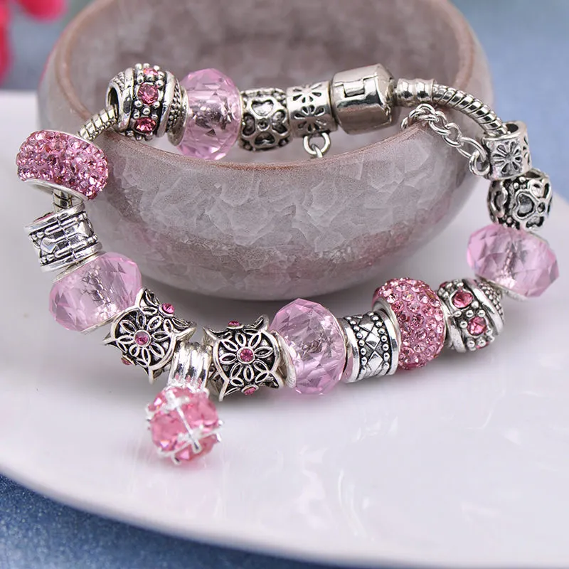 Love Sister Pink Murano Charm Bead Bracelet Pandora Inspired Vintage Style