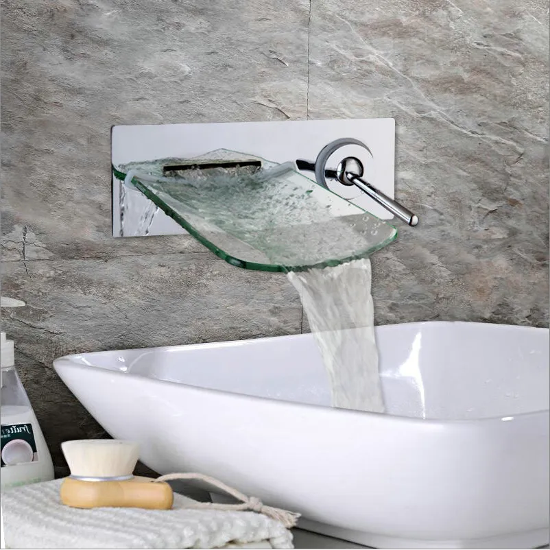 Robinet de salle de bain en laiton chromé avec bec en verre cascade mural mitigeur mitigeur chaud et froid