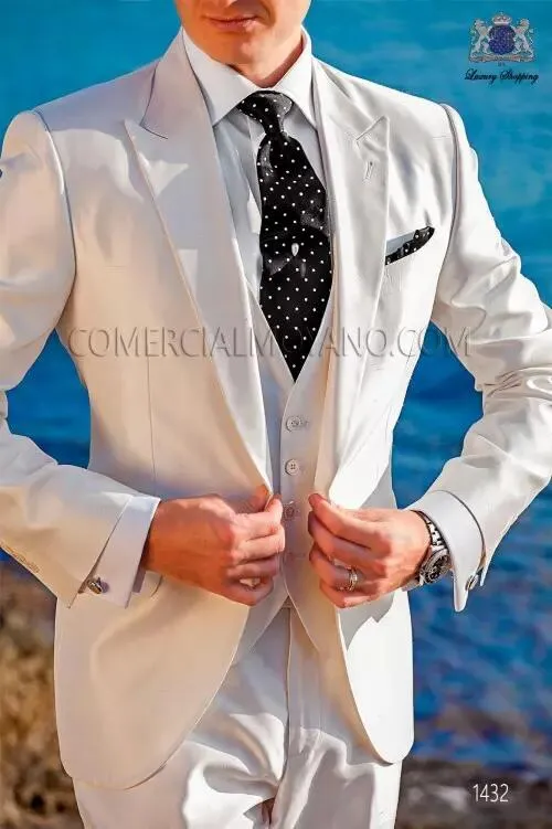 New Style One Button Wedding Groom Tuxedos Peak Lapel Groomsmen Men Suits Prom Blazer (Jacket+Pants+Vest+Tie) NO:2006