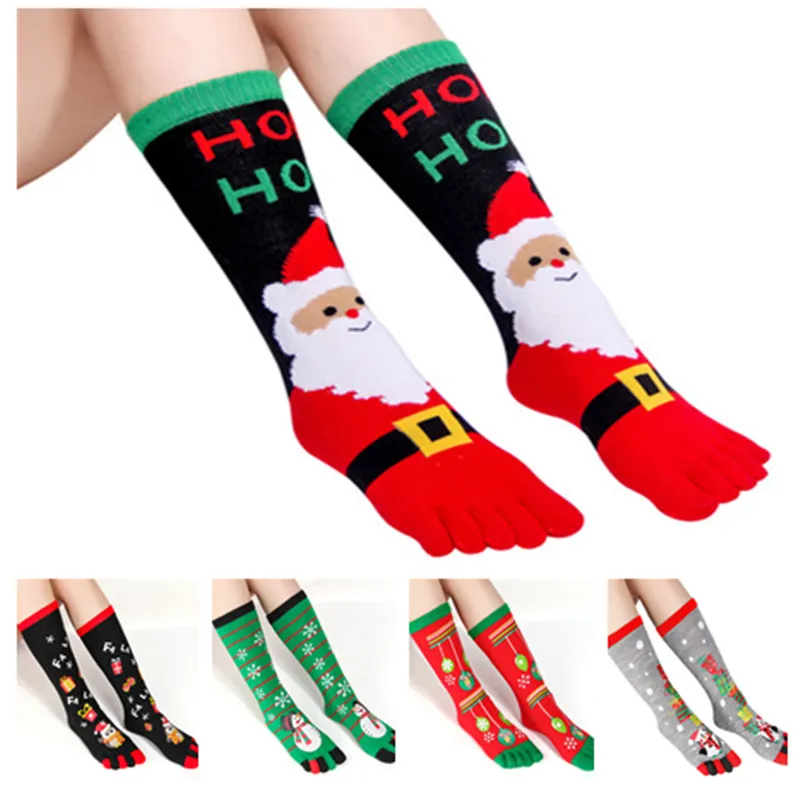 Kerst Toe Sokken Vrouwen Grappige Cartoon 3D Gedrukt Vijf Vingers Sokken Snowman Santa Warm Mid-Calf Long Kous 10 Kleur