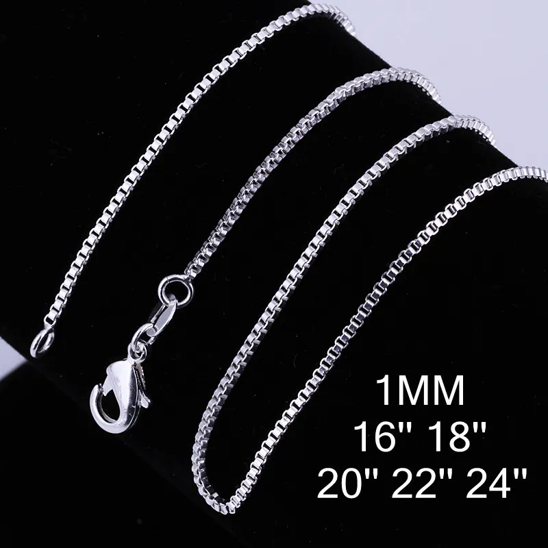 Bulk 1MM 925 sterling Silver Boxkedjor Chokerhalsband För kvinnor Män Smyckeshängetillverkning 16 18 20 22 24 tum