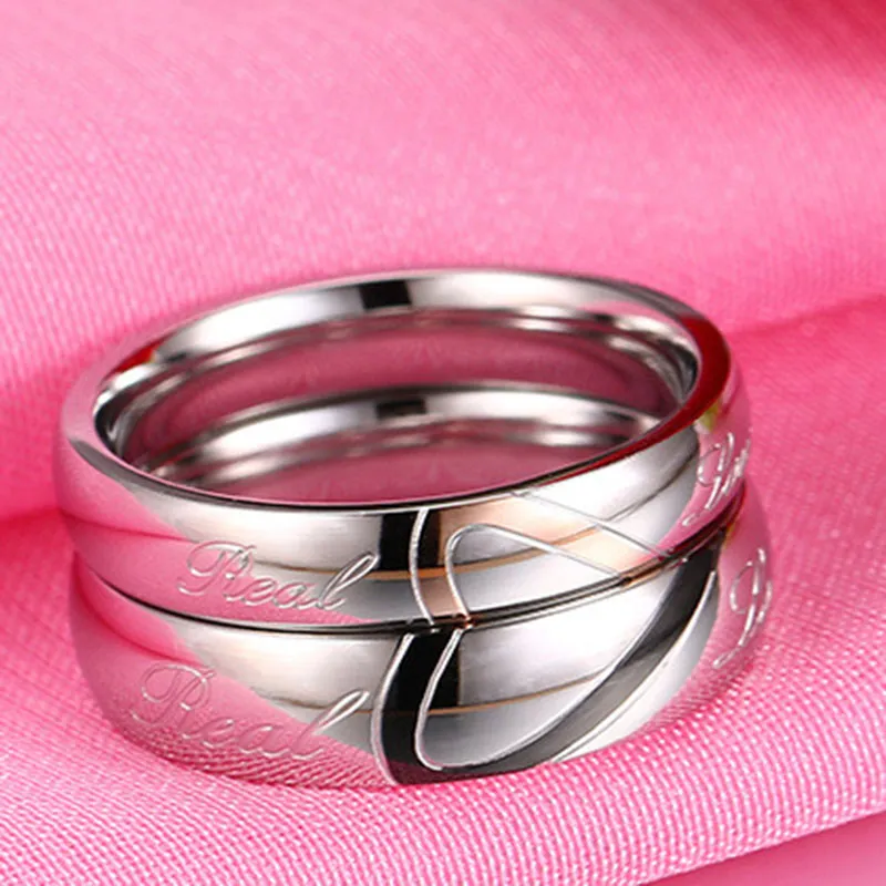 Half Heart Ring en acier inoxydable Cercle Simple Real Couple de mariage anneaux de fiançailles et navire sablonneux