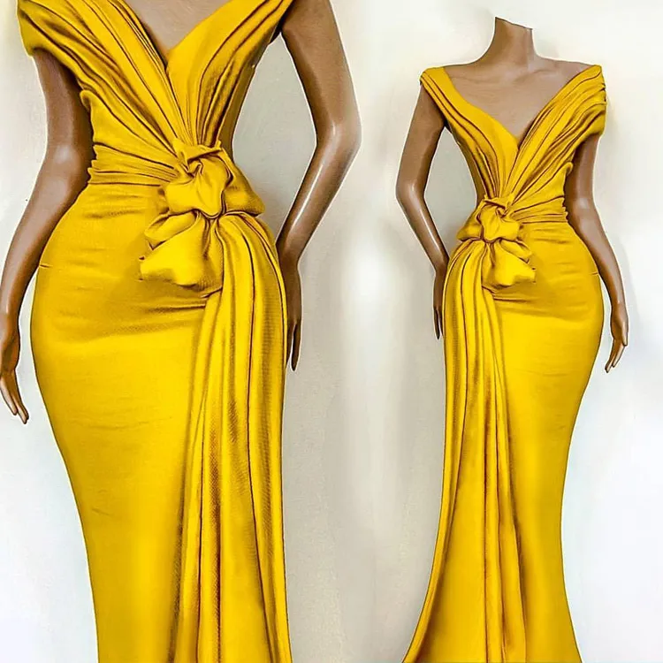 노란색 2020 아프리카 이브닝 드레스 주름을 매듭난 인어 댄스 파티 가운 V 넥 짧은 소매 러버 공식 파티 연예인 가운
