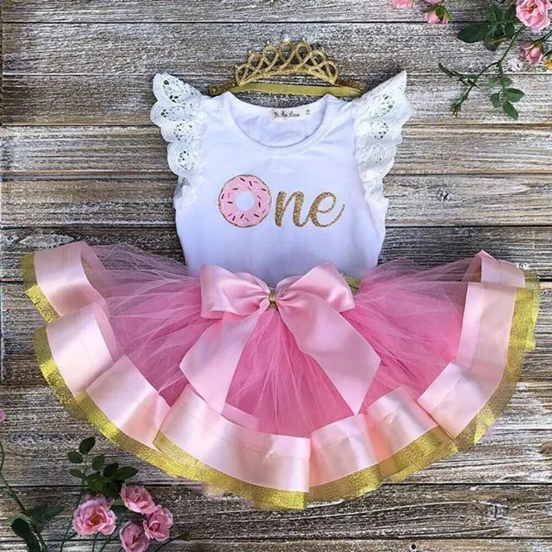 Toddler Kid Baby Girl 1st Birthday Lace Outfit Romper Top Tutu Skirt Cake Smash Bow Set Short Sleeve Summer Cute Clothing