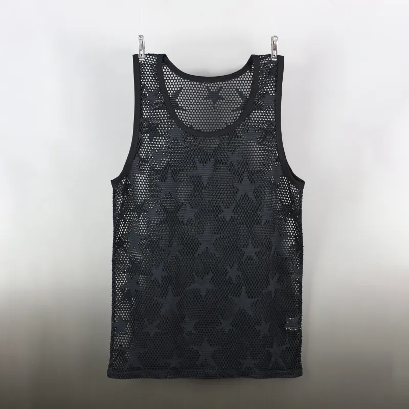 Men See Through Undershirt Male Funny Mesh Star Transparent Gay