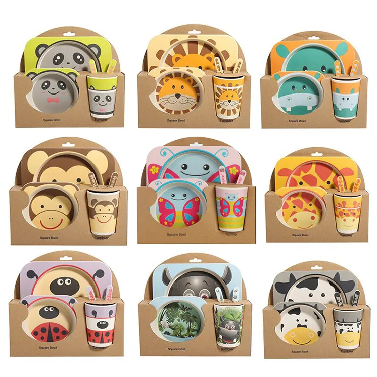 5 teile/sätze Baby Dish Geschirr Set Cartoon Gabel Trennung Fütterung Gerichte für Kinder Utensilien Natürliche Bambus Faser Schüssel Mit Tasse löffel Platte