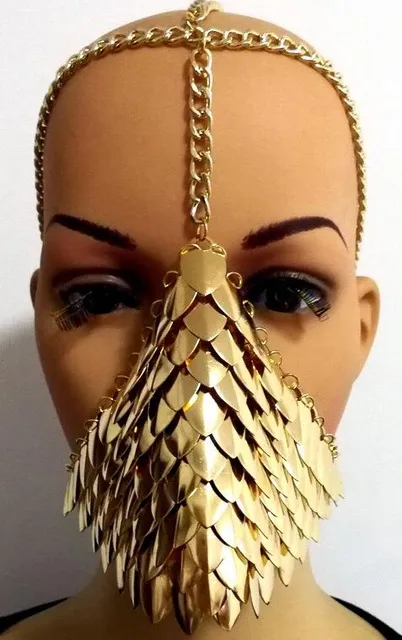 Chran Chainmail Mask Bra Scalemail Ramię Armor Cosplay Burning Man Headdress Head Chain Pałąk Średniowieczna Ren Faire Jewelry