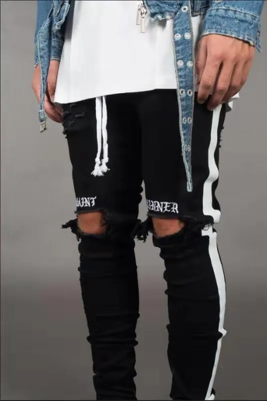 Fashion-New Mens Jean Pantalones Street Black Holes Designer Branco Listras Jeans Hiphop Skate Pencil Calças