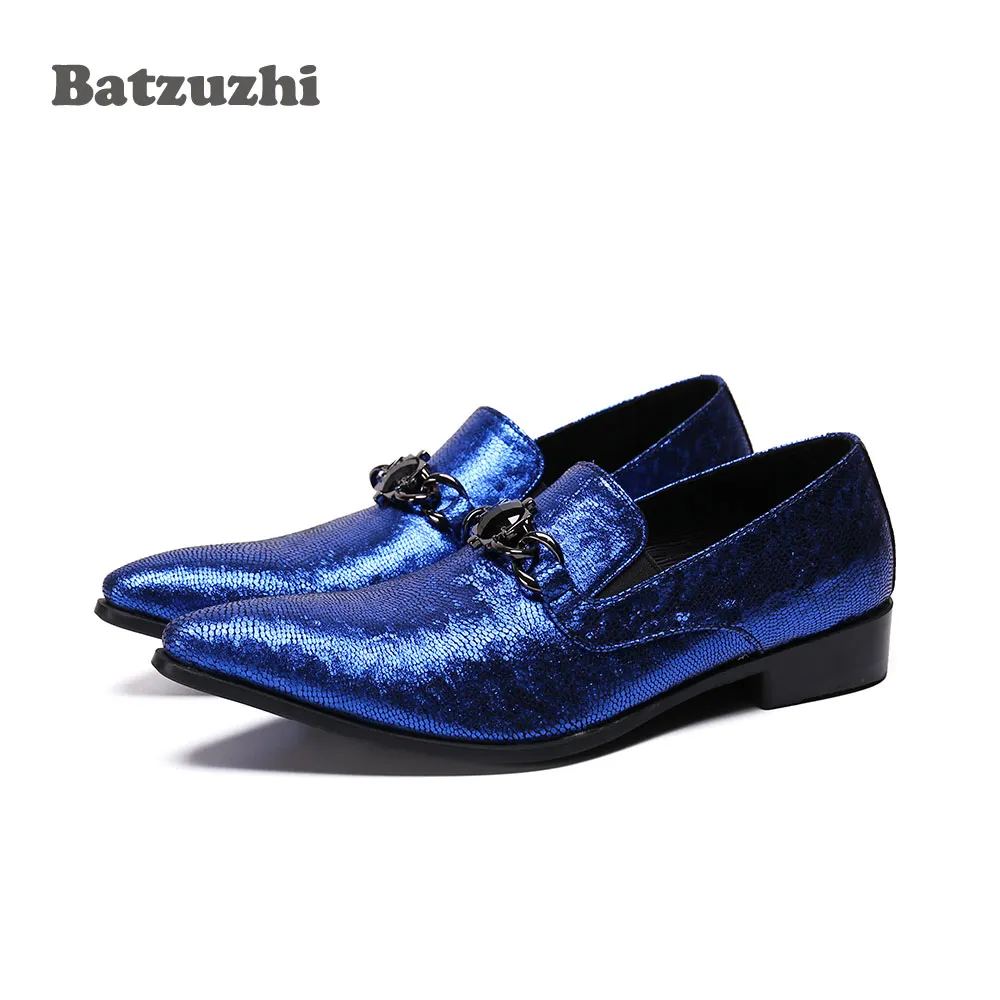 Batzuzhi Scarpe fatte a mano di lusso da uomo Scarpe eleganti in pelle con punta a punta Slip on Blue Scarpe da uomo da sposa per feste Zapatos Hombre, US6-12