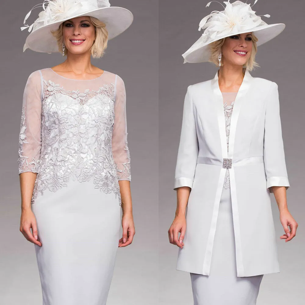 Elegant Mother of the Bride Dresses with Jackets Two Piece Knee Length Short Groom Mom Evening Formal Party Dresses Sheer Neck Lace 2019