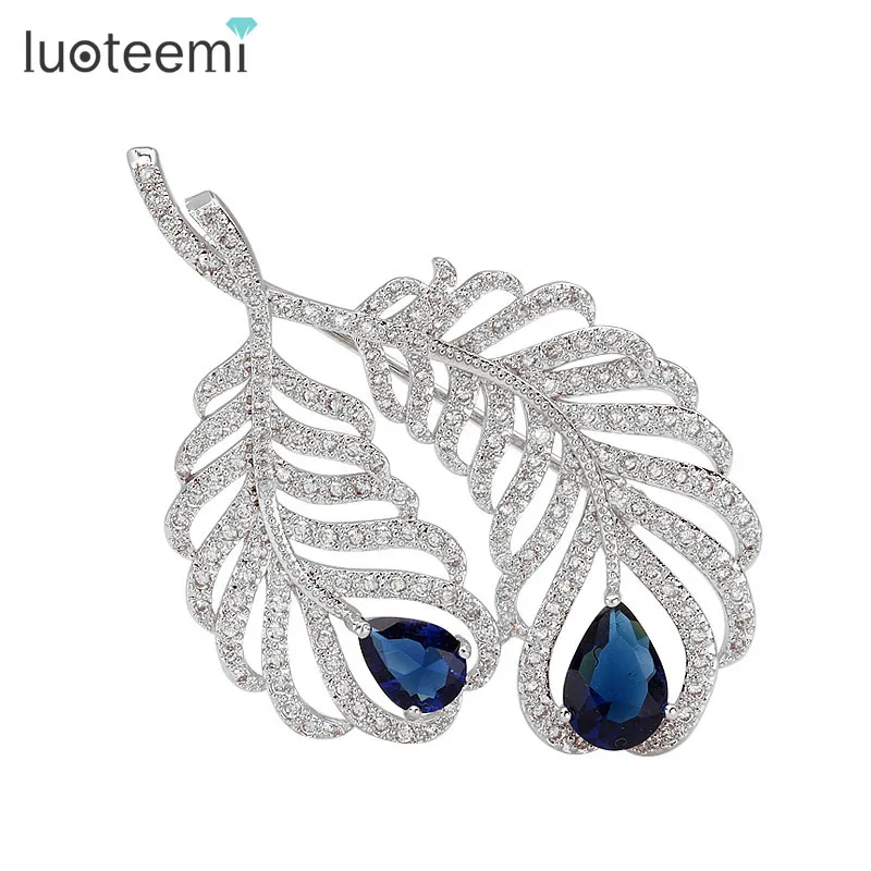 Forme de plume femmes broche clair zircon cubique grand mariage de luxe broche de mariée nouveauté conception LUOTEEMI