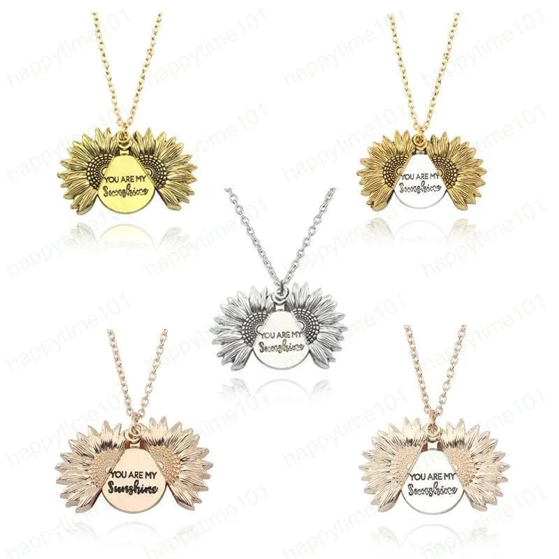 2019 Newest You Are My Sunshine Engraved Necklace Gold Silver Plated Choker 11 Styles Sunflower Locket Pendant Necklaces Women Jewelry