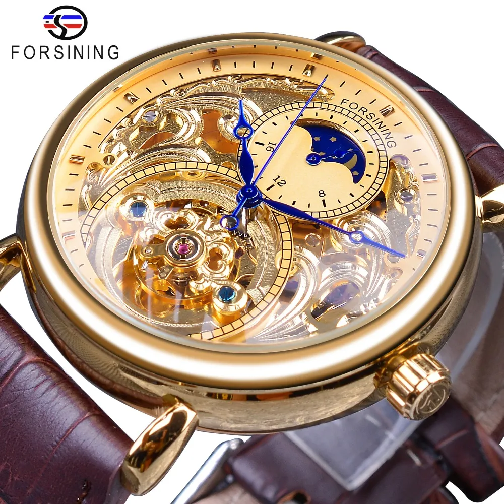 Forsining 2018 Royal Golden Skeleton Display Azul Hands Brown Genuíno Cinto de Couro Mens Mecânica relógio relógio relógio masculino