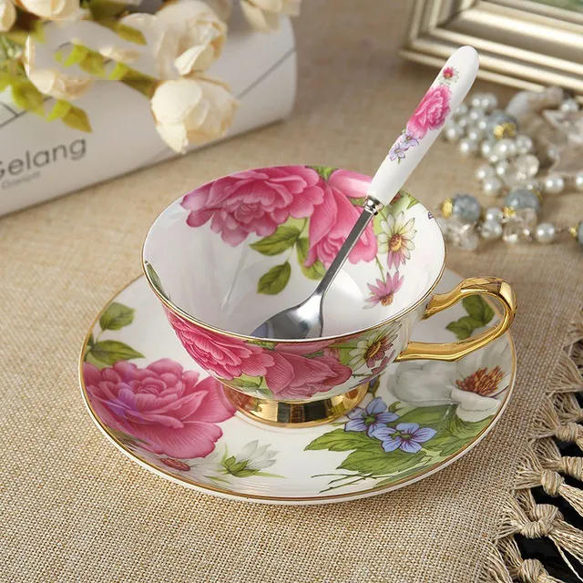 Royal Bone China Mok bloem afdrukken gouden koffiekop en schotel keramische thee kop lade set geavanceerde porselein creatieve kopje drinkware voor gift