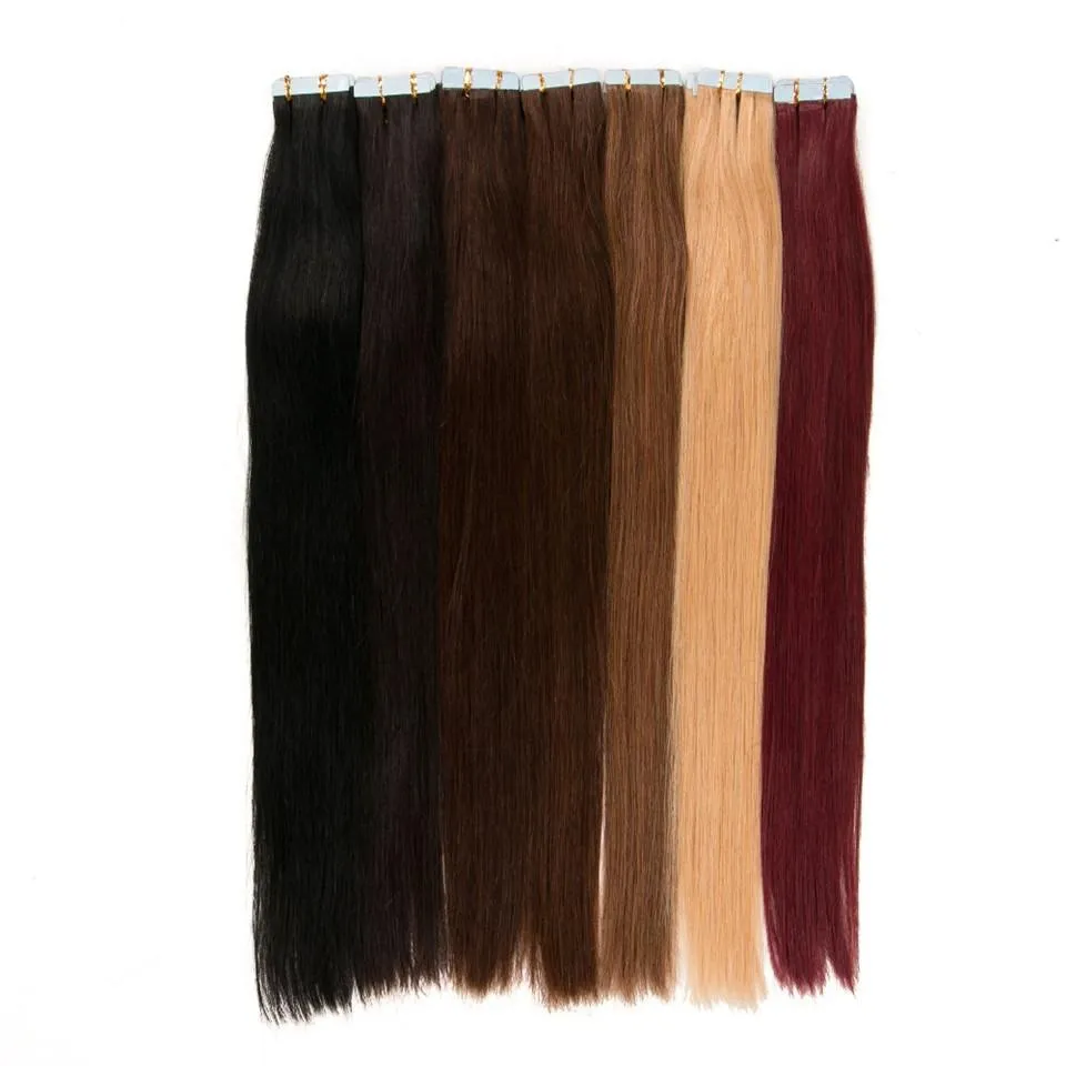 Темно-коричневый # 2 Лента в наращиваниях человеческих волос Двухвлеченная кожа уток бразильских прямых волос 40 шт. / Набор 100% человеческие волосы 22 24 дюйма