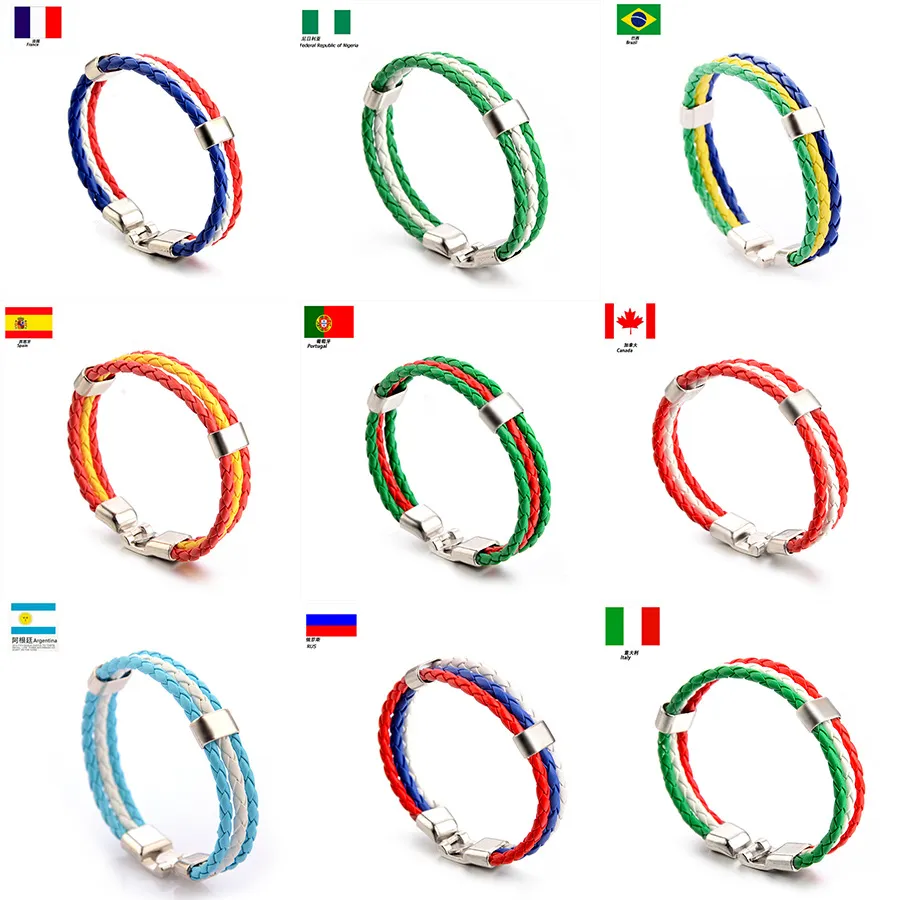 World Cup Sports Wrap Pulseiras 20 Bandeiras Nacionais Trançado PU Pulseira de Corda de Couro Pulseira Para futebol fãs de futebol jóias em Massa