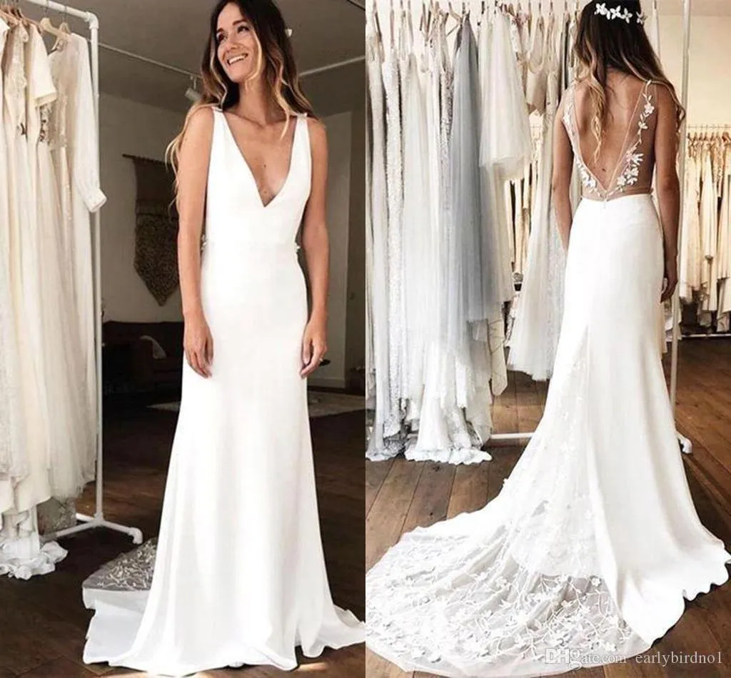 Seksowne Suknie Ślubne Sexy V Neck Elegancki Prosty Zaprojektowany Koronki Appliqued Satin Beach Boho Suknie Ślubne Otwórz Powrót Custom Vestidos de Mariee