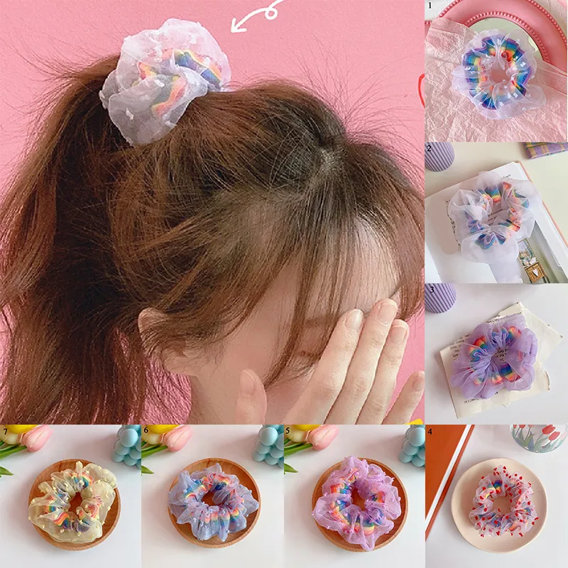 Korean Sweet Women ELastic Hair Bands Lace Rainbow Print Hair Ties Rope Girls Mesh Scrunchies Headwear Tulle Hair Accessories