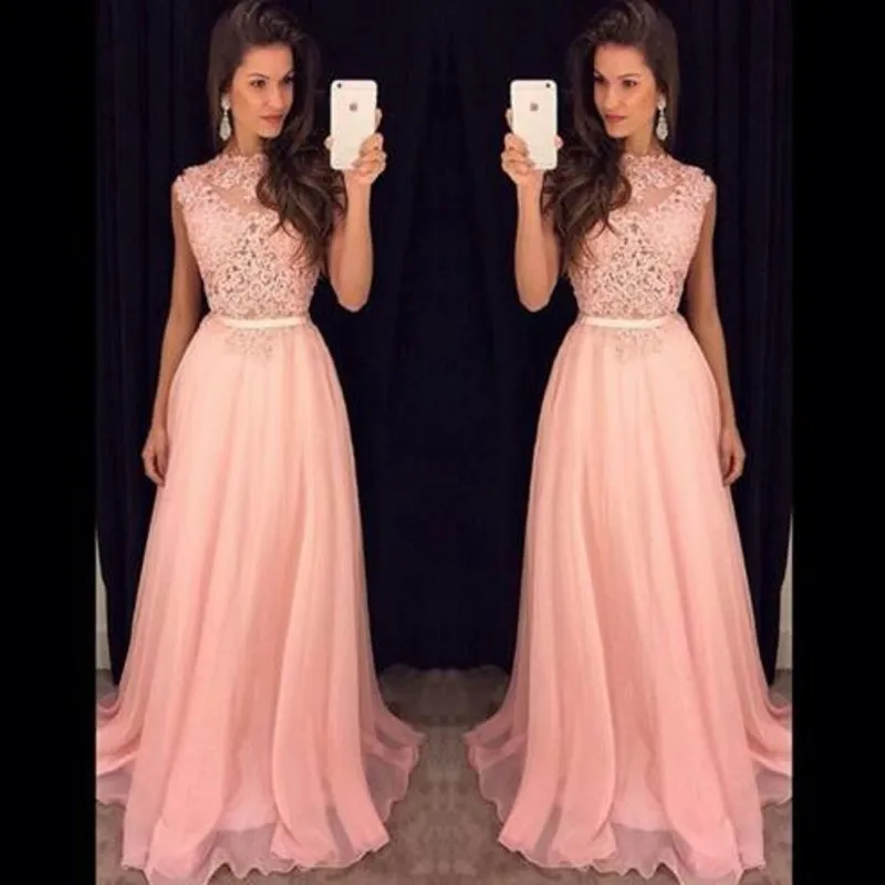 Fantastisk lång prom klänningar Juvelhalsen Sheer See Through Top Beaded Lace Appliques A-Line Blush Pink Påsklilja Evening Party Grows