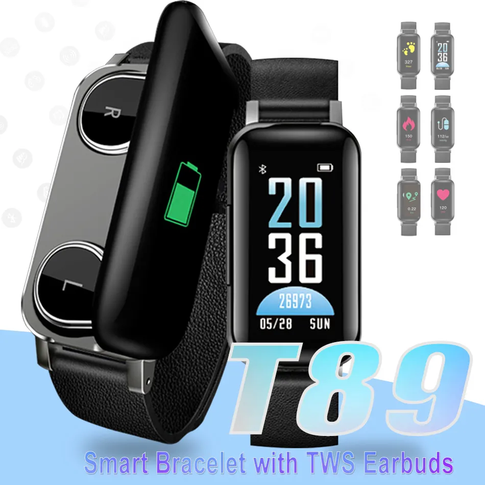 TWS Earbuds Smart Bransoletka Bluetooth 5.0 Smart Wristband T89 Fitness Tracker Hasło Zegarki dla Smartfonów IOS Android z Detal Box