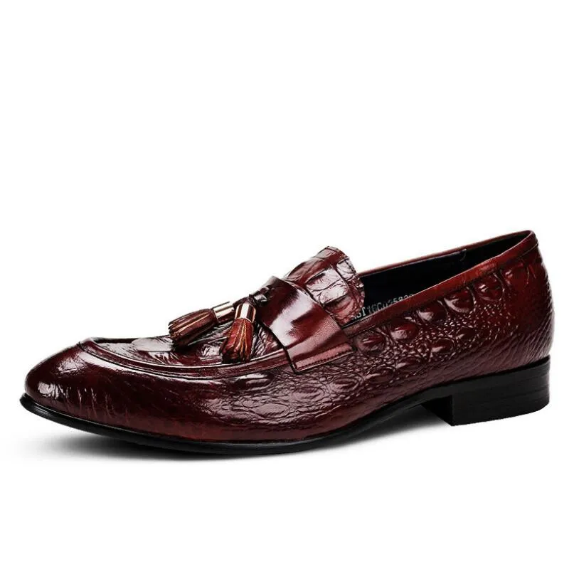 High Quality Classic Mens Loafer Genuine Leather Tassel Crocodile Pattern Slip On Formal Wedding Party Banquet Dress Shoes Flats