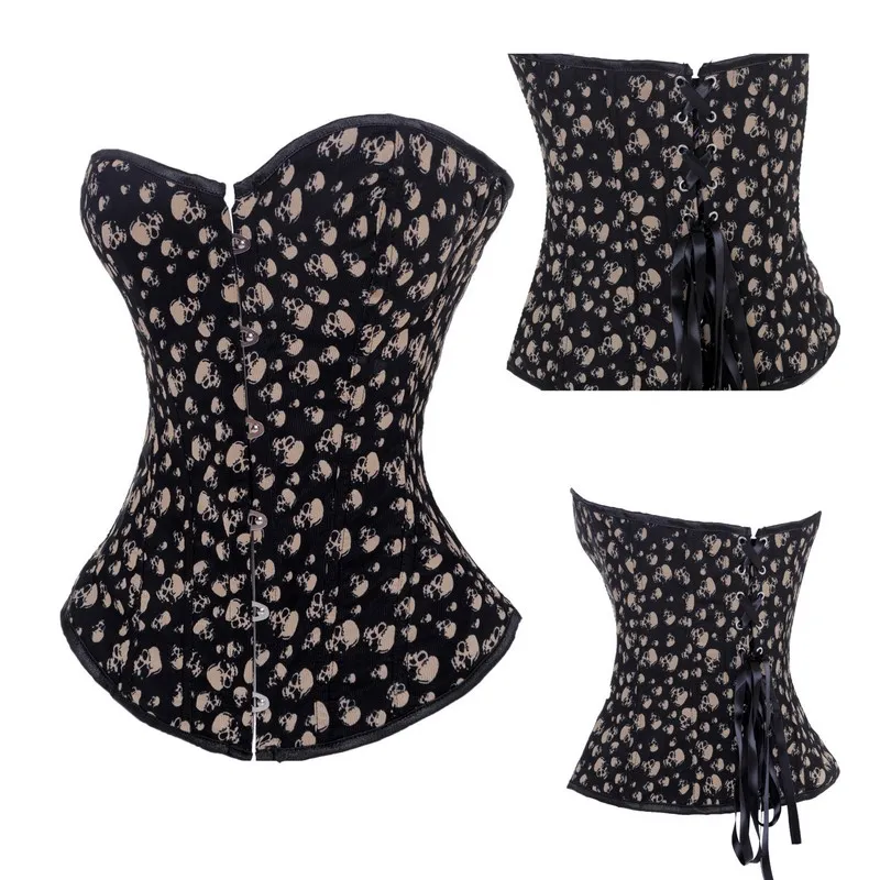 Vintage Steampunk Skulls Black Floral Corset Top For Women No Trim