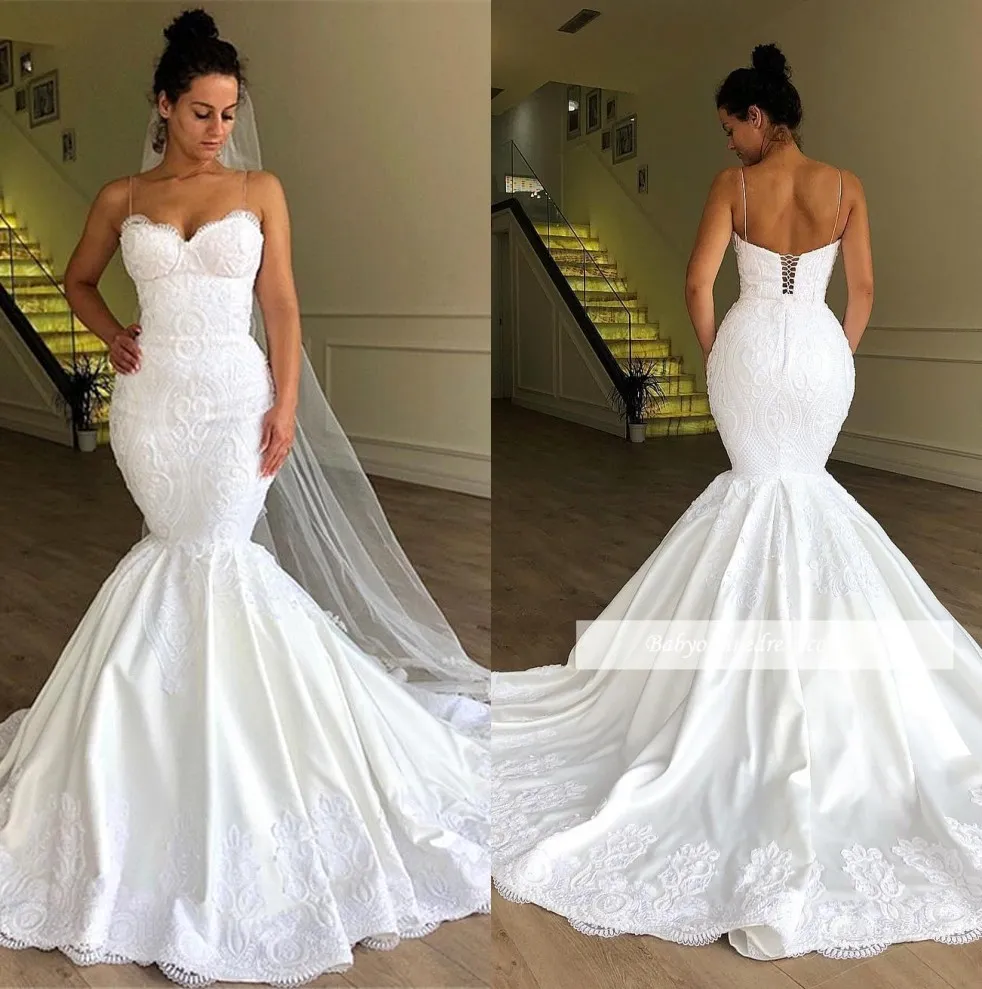 Elegant Plus Size Spaghetti Straps Lace Mermaid Wedding Dresses 2019 Tulle Applique Sweep Train Wedding Bridal Gowns With Lace Up BC1956