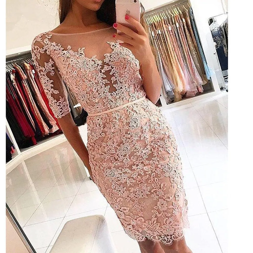 Elegancka Długość Kolana Suknie Koktajlowe 2019 Sexy Pół Rękawy Formalne Party Homecoming Dresse Robe de Cocktail Plus Size Prom Suknie