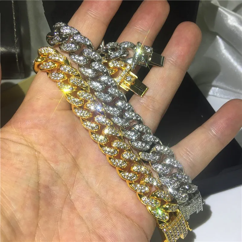 Mens Hip Hop Gold Bracelets Jewelry Simulated Diamond Rhinestone Crystal Iced Out Chain Bracelets Miami Cuban Link Chain Bracelet Gift